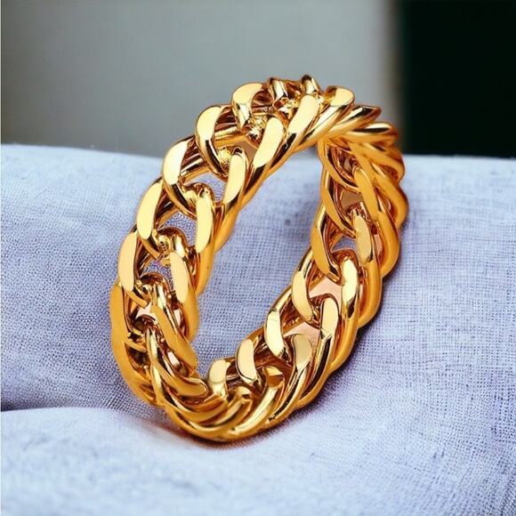 18K gold plated Cuban link chain 5mm ring jewelry size 6 B20 - Picture 1 of 4